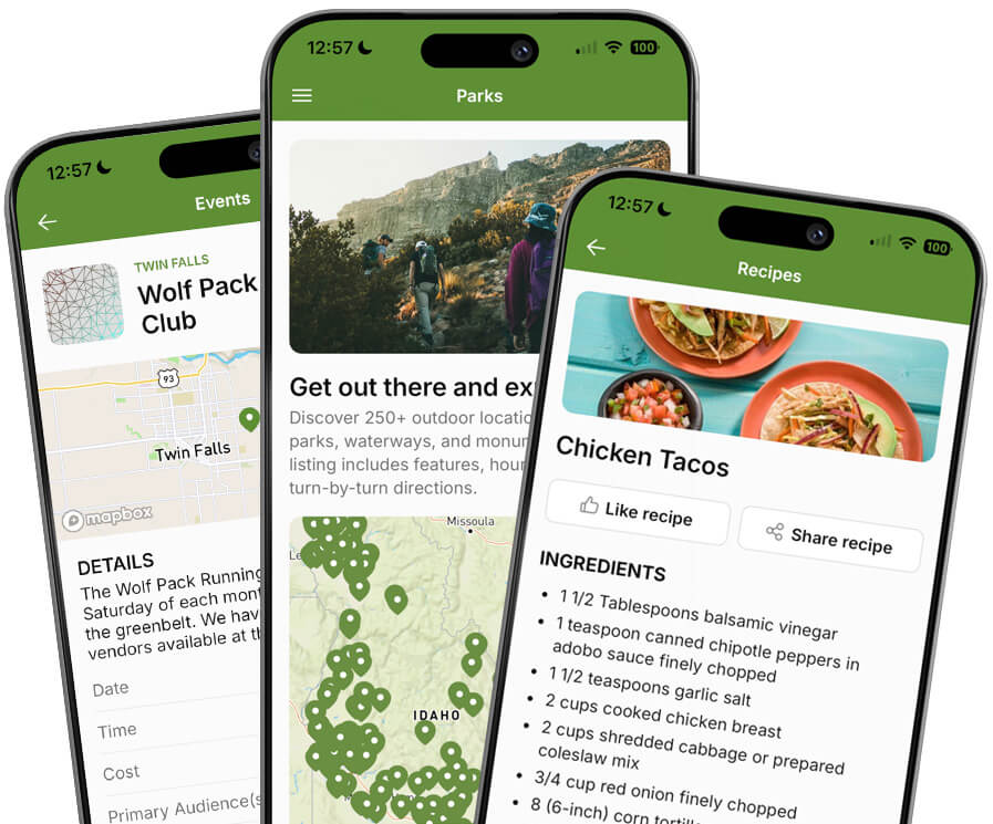 Screenshots of the Long Live Idaho app showing various features.